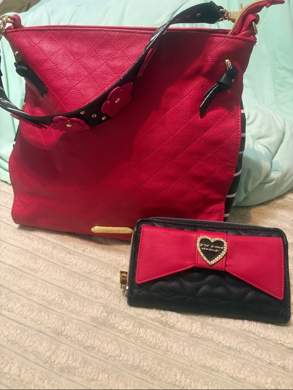 Betsey Johnson Red and Black Quilted Shoulder Bag with Matching Wallet